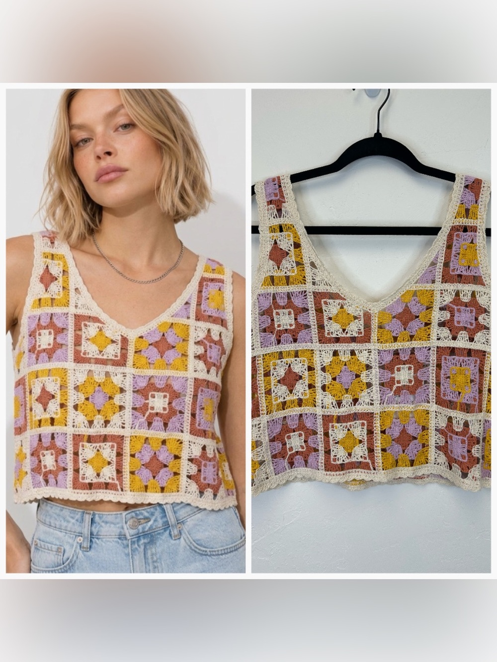 Crochet Square Patchwork Crop Tank Top NWT Size L Boho Retro Hippie Colorful